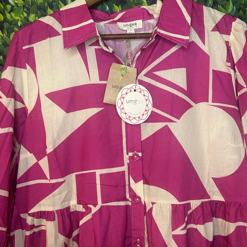 Umgee Magenta and Cream Geometric Maxi Shirt Dress - Picture 3 of 7